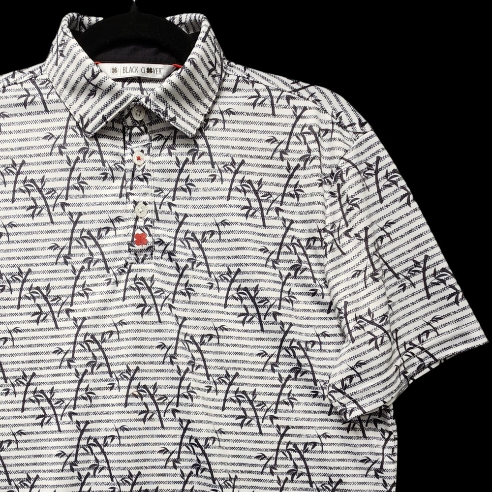 Black Clover Polo Shirt Mens Small White‎ Black Bamboo Stripe Live Lucky Golf